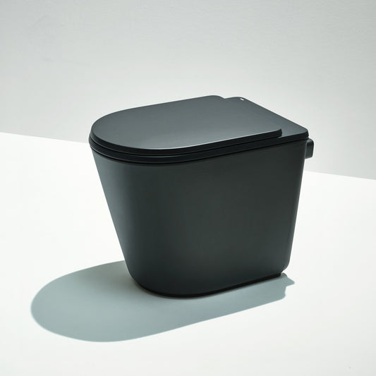 Black toilet bowl with seat on a white background