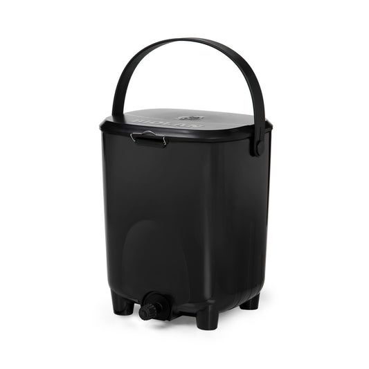 Black Bokashi bin with a handle on a white background