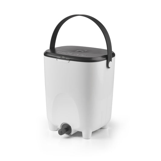 White Bokashi bin with black lid and spout on a white background