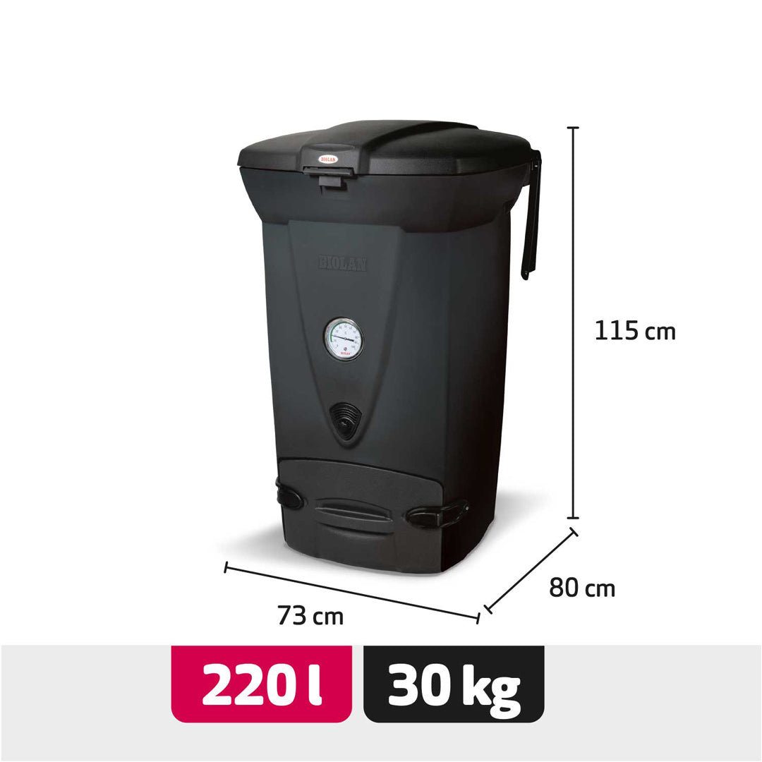 Black compost bin with dimensions and capacity details on a white background