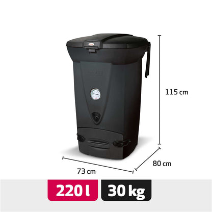 Black compost bin with dimensions and capacity details on a white background