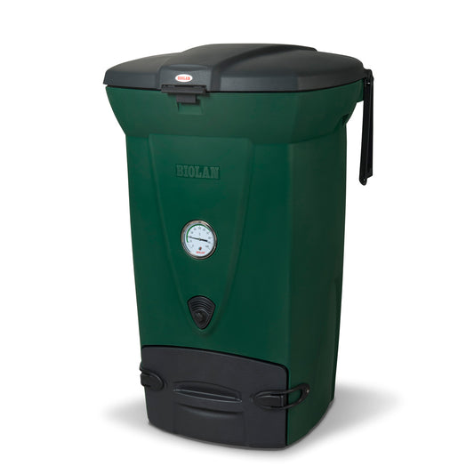 Green and black compost bin with a visible brand logo on a white background