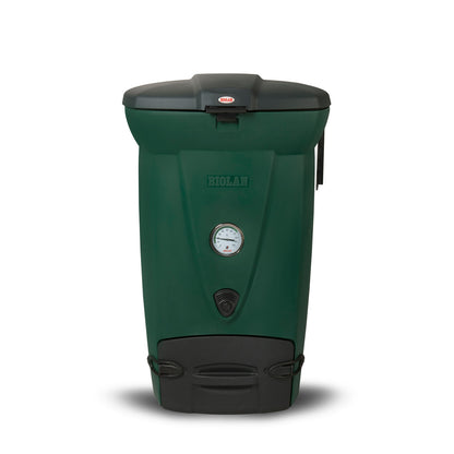 Green and black compost bin with a visible brand logo on a white background