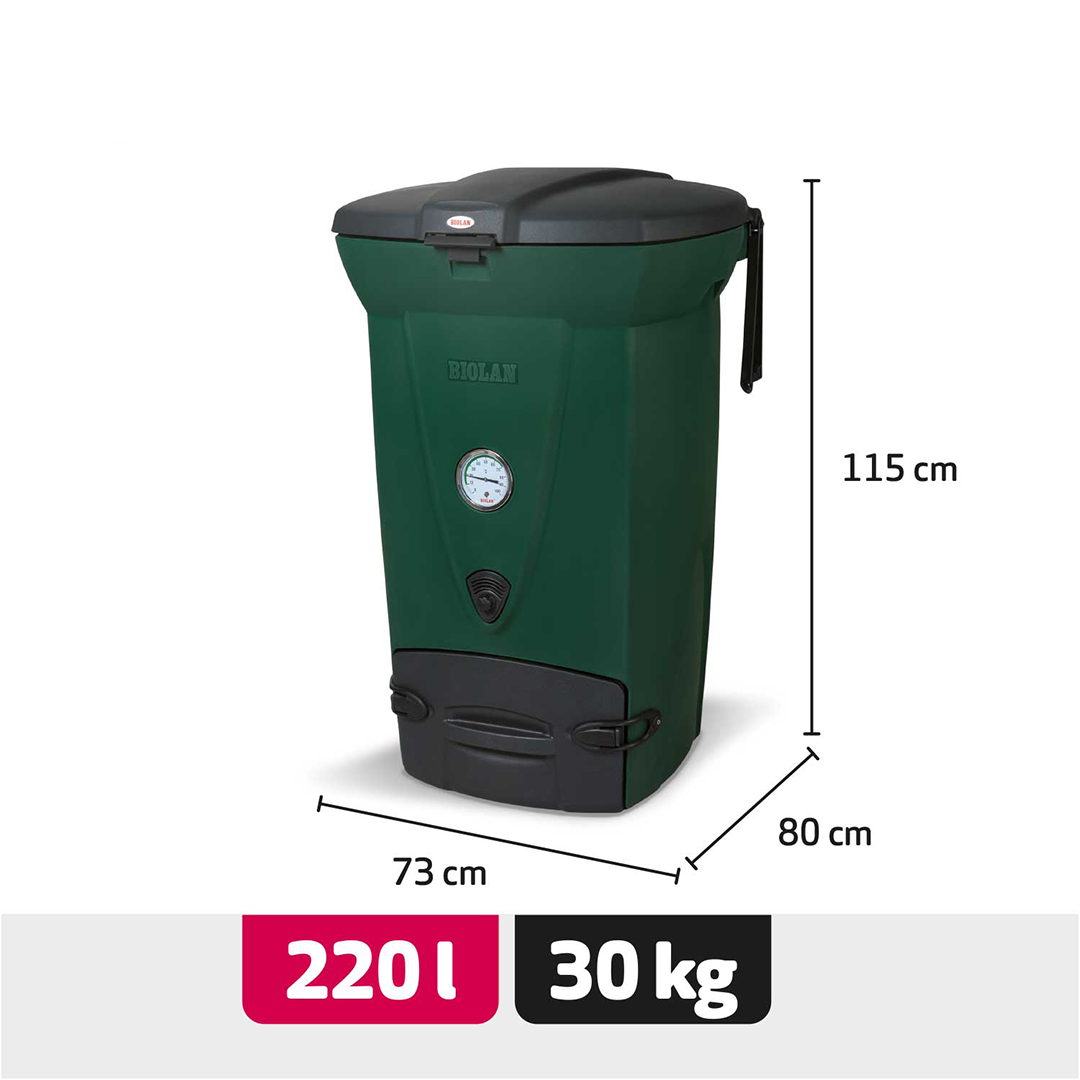 Green compost bin with dimensions and capacity details on a white background