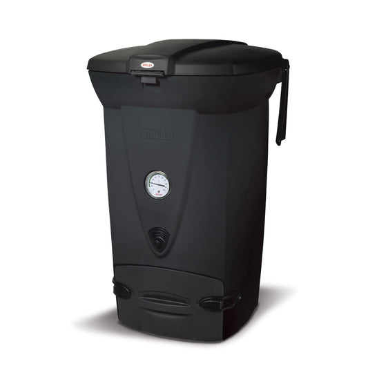 Black compost bin with visible brand logo on a white background