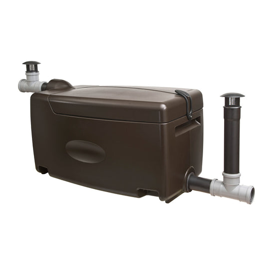 Brown rectangular water treatment system with pipes on a white background