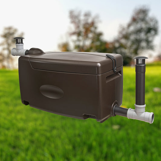 Brown rectangular water filter box with pipes on a grassy background