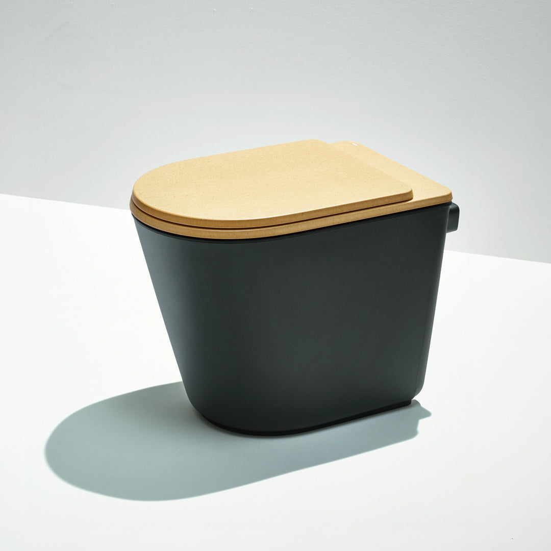Black toilet with a wooden lid on a white background