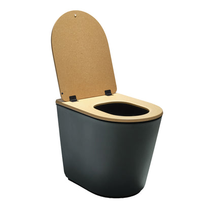 Black toilet with a wooden seat and lid on a white background