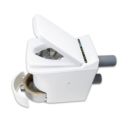 White incineration toilet with inlet and outlet air pipes on a white background